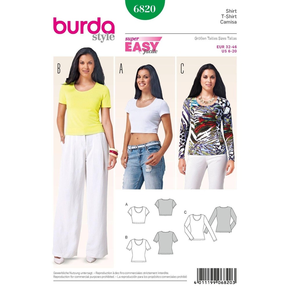 Burda Style Sewing Pattern Women Size 6-20 6820 T-Shirt Crop Top Knit Uncut FF